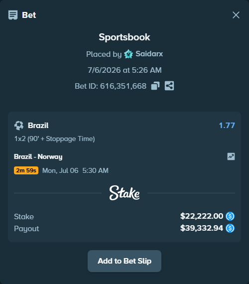 Bet slip: Brazil - Norway, $22,222.00 stake at 1.77 odds, placed by Saidarx