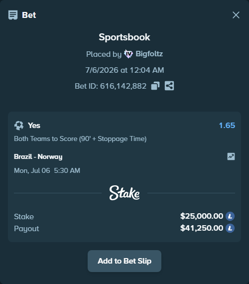 Bet slip: Brazil - Norway, $25,344.16 stake at 1.65 odds, placed by Bigfoltz