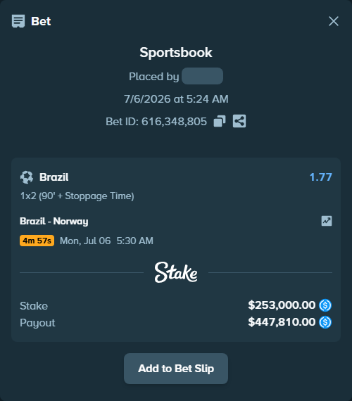 Bet slip: Brazil - Norway, $253,000.00 stake at 1.77 odds, placed by Oen1