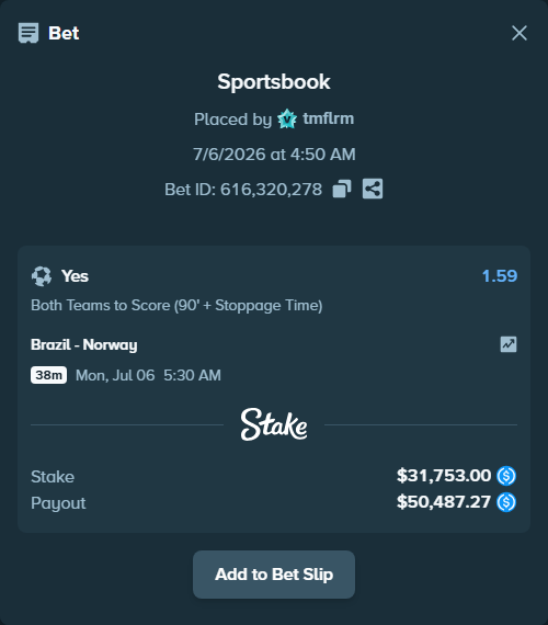 Bet slip: Brazil - Norway, $31,753.00 stake at 1.59 odds, placed by tmflrm