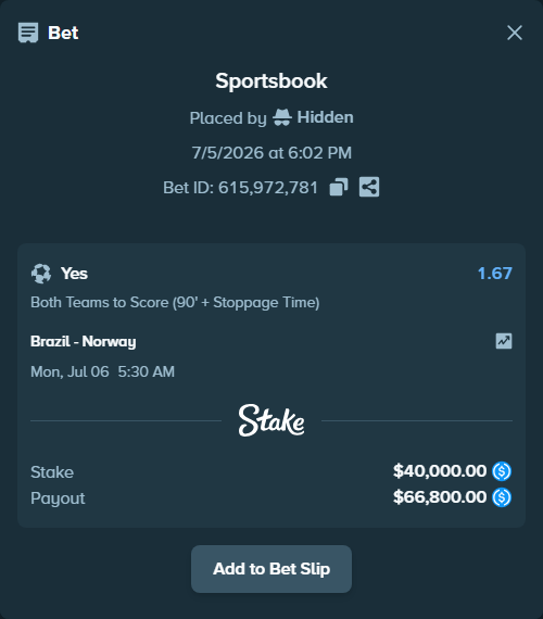 Bet slip: Brazil - Norway, $40,000.00 stake at 1.67 odds, placed by Hidden