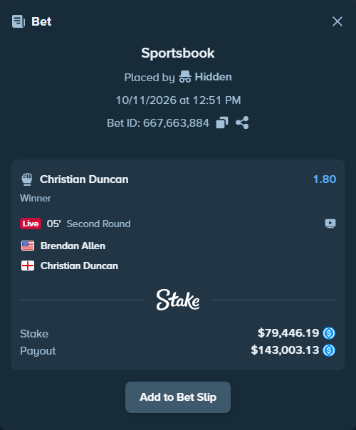 Bet slip: Brendan Allen - Christian Duncan, $79,446.19 stake at 1.80 odds, placed by Hidden