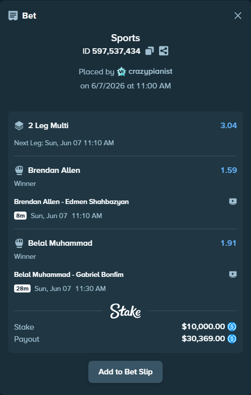 Bet slip: Brendan Allen - Edmen Shahbazyan, $10,000.00 stake at 1.59 odds, placed by crazypianist