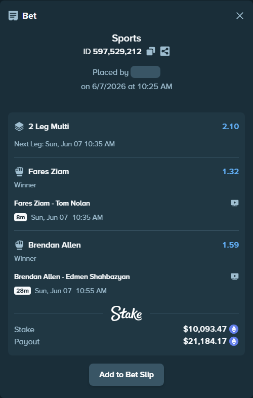 Bet slip: Brendan Allen - Edmen Shahbazyan, $11,175.39 stake at 1.59 odds, placed by Davidbushel1