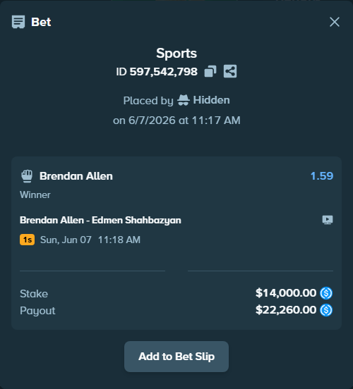 Bet slip: Brendan Allen - Edmen Shahbazyan, $14,000.00 stake at 1.59 odds, placed by Hidden