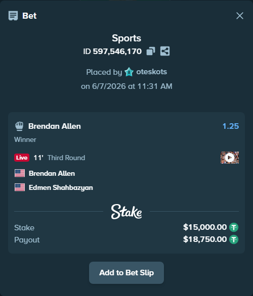 Bet slip: Brendan Allen - Edmen Shahbazyan, $15,000.00 stake at 1.25 odds, placed by oteskots