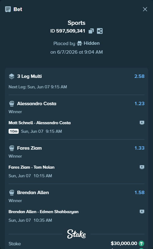 Bet slip: Brendan Allen - Edmen Shahbazyan, $30,000.00 stake at 1.58 odds, placed by Hidden