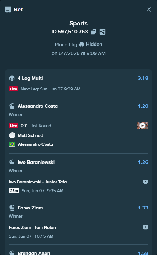 Bet slip: Brendan Allen - Edmen Shahbazyan, $30,000.00 stake at 1.58 odds, placed by Hidden