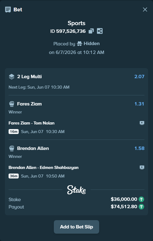 Bet slip: Brendan Allen - Edmen Shahbazyan, $36,000.00 stake at 1.58 odds, placed by Hidden