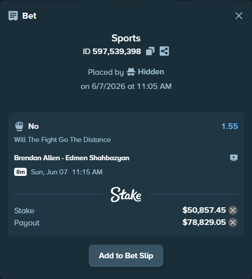 Bet slip: Brendan Allen - Edmen Shahbazyan, $52,701.79 stake at 1.55 odds, placed by Hidden