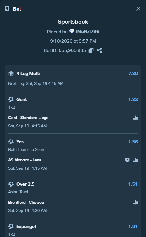 Bet slip: Brentford - Chelsea, $10,000.00 stake at 1.51 odds, placed by fMuNzI796