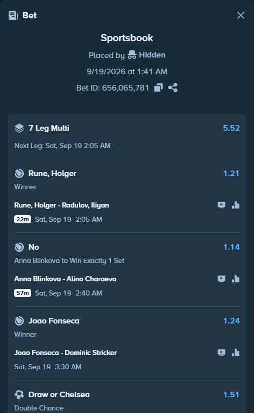 Bet slip: Brentford - Chelsea, $10,000.00 stake at 1.51 odds, placed by Hidden