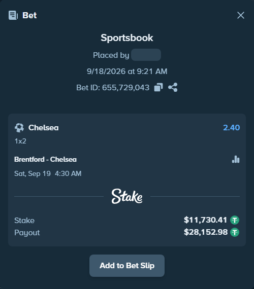 Bet slip: Brentford - Chelsea, $11,742.14 stake at 2.40 odds, placed by tqiforcat