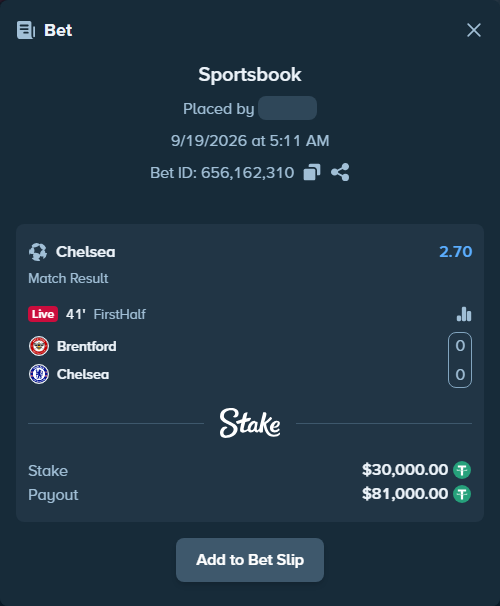 Bet slip: Brentford - Chelsea, $30,000.00 stake at 2.70 odds, placed by stevenkhoury