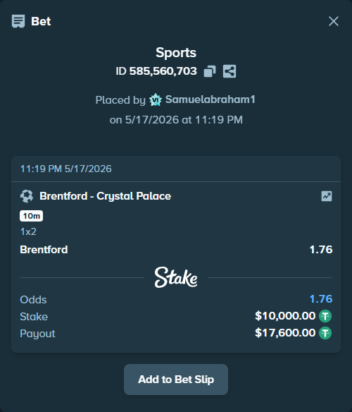 Bet slip: Brentford - Crystal Palace, $10,000.00 stake at 1.76 odds, placed by Samuelabraham1