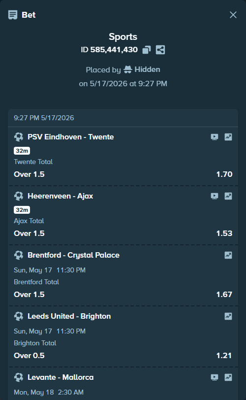 Bet slip: Brentford - Crystal Palace, $25,000.00 stake at 1.67 odds, placed by Hidden