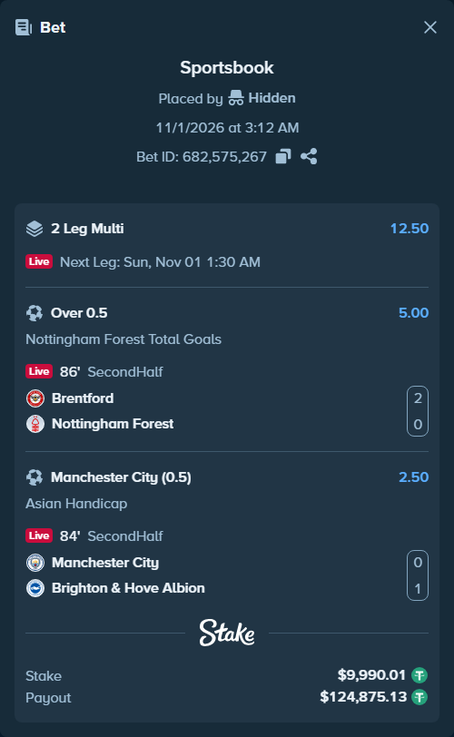 Bet slip: Brentford - Nottingham Forest, $10,000.00 stake at 5.00 odds, placed by Hidden