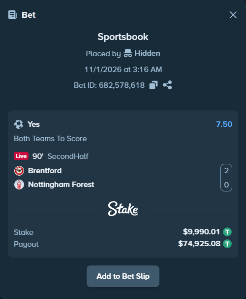 Bet slip: Brentford - Nottingham Forest, $10,000.00 stake at 7.50 odds, placed by Hidden
