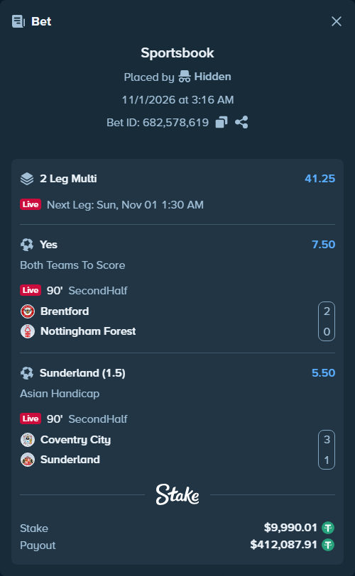 Bet slip: Brentford - Nottingham Forest, $10,000.00 stake at 7.50 odds, placed by Hidden