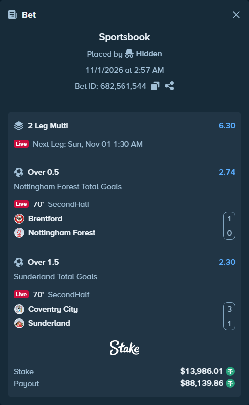 Bet slip: Brentford - Nottingham Forest, $14,000.00 stake at 2.74 odds, placed by Hidden