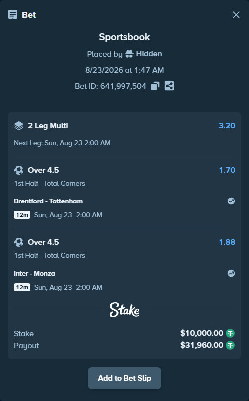Bet slip: Brentford - Tottenham, $10,000.00 stake at 1.70 odds, placed by Hidden