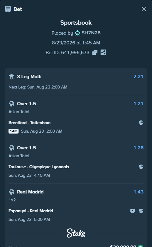 Bet slip: Brentford - Tottenham, $20,000.00 stake at 1.21 odds, placed by SH7N28