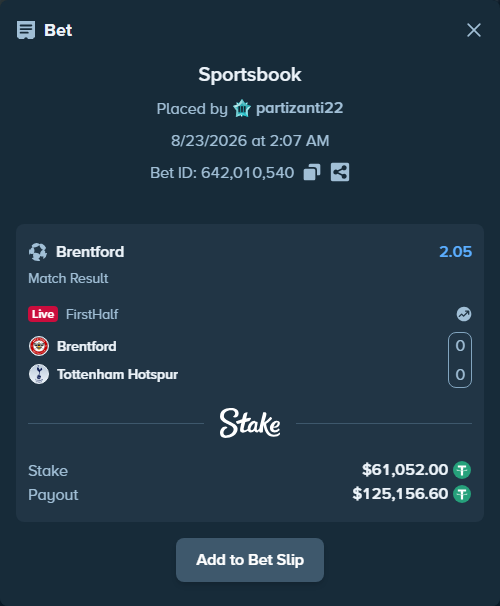 Bet slip: Brentford - Tottenham Hotspur, $61,052.00 stake at 2.05 odds, placed by partizanti22