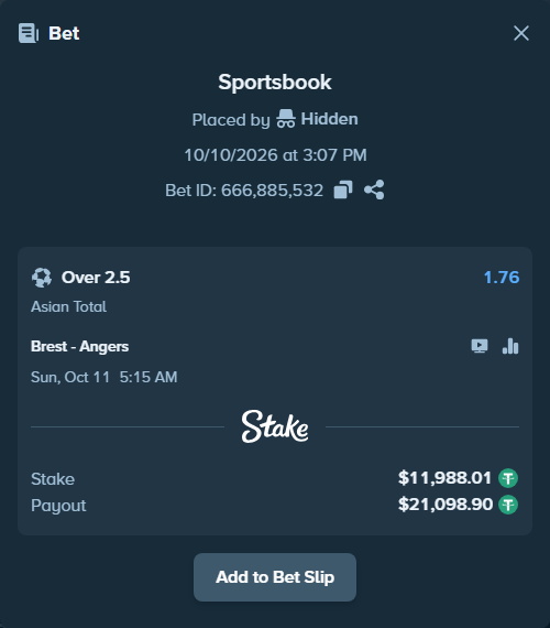Bet slip: Brest - Angers, $12,000.00 stake at 1.76 odds, placed by Hidden