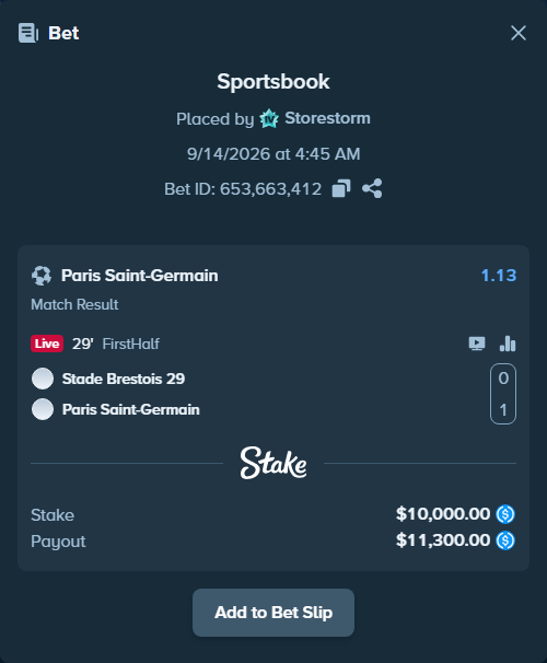 Bet slip: Brest - Paris Saint Germain, $10,000.00 stake at 1.13 odds, placed by Storestorm