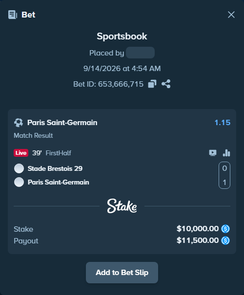 Bet slip: Brest - Paris Saint Germain, $10,000.00 stake at 1.15 odds, placed by Andremila
