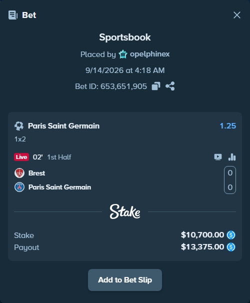 Bet slip: Brest - Paris Saint Germain, $10,700.00 stake at 1.25 odds, placed by opelphinex