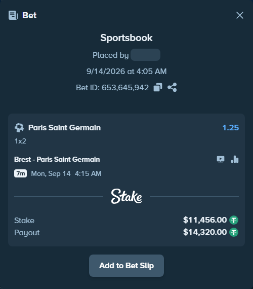 Bet slip: Brest - Paris Saint Germain, $11,454.85 stake at 1.25 odds, placed by Armo098
