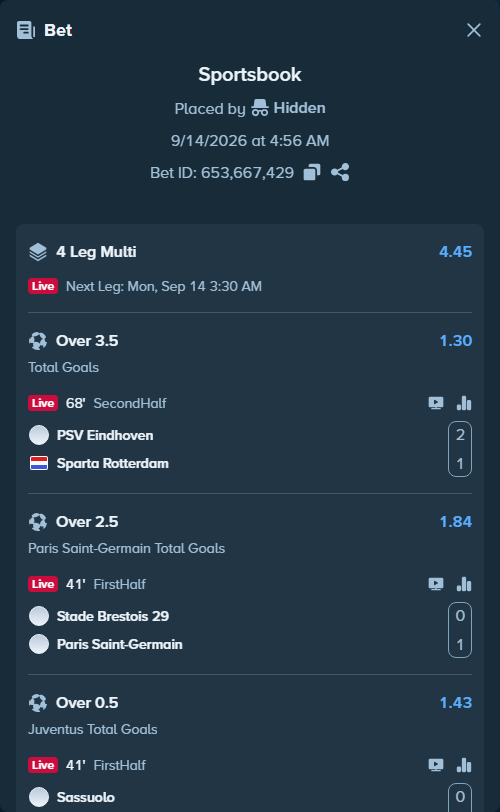 Bet slip: Brest - Paris Saint Germain, $12,303.00 stake at 1.84 odds, placed by Hidden