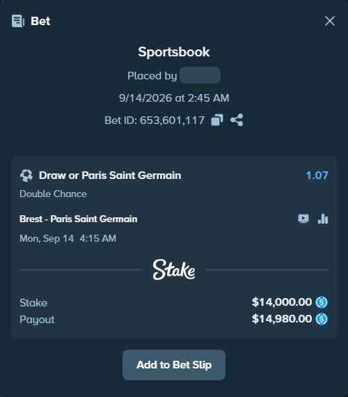 Bet slip: Brest - Paris Saint Germain, $14,000.00 stake at 1.07 odds, placed by AdrewTate