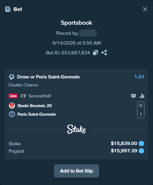 Bet slip: Brest - Paris Saint Germain, $15,839.00 stake at 1.01 odds, placed by reggieewellq
