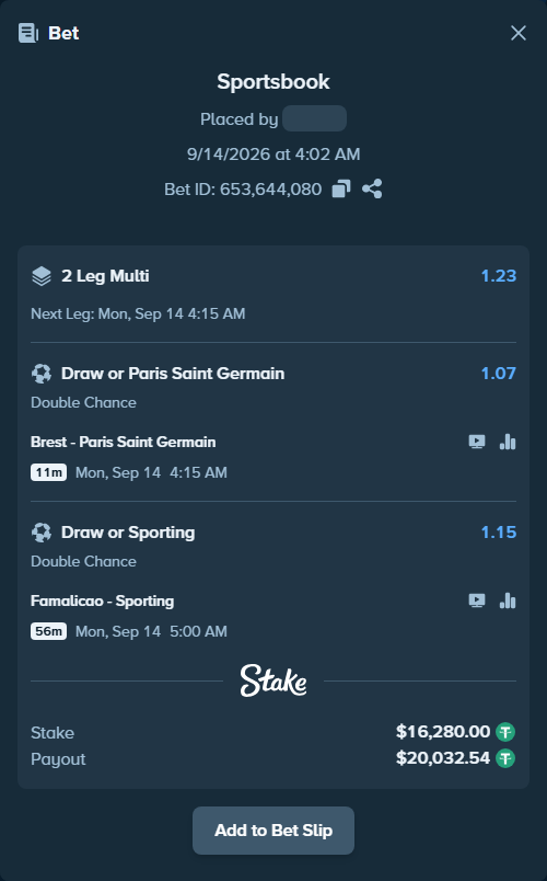 Bet slip: Brest - Paris Saint Germain, $16,278.37 stake at 1.07 odds, placed by erigang0824