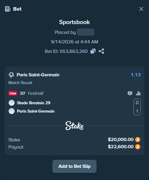 Bet slip: Brest - Paris Saint Germain, $20,077.70 stake at 1.13 odds, placed by Hallfkh