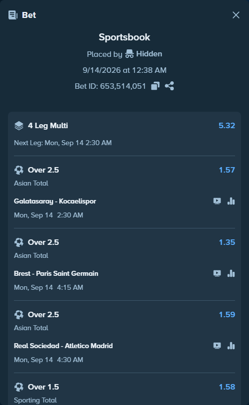 Bet slip: Brest - Paris Saint Germain, $199,919.99 stake at 1.35 odds, placed by Hidden