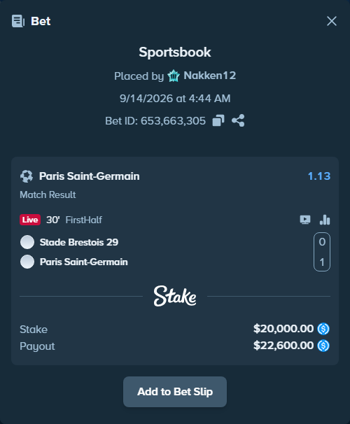 Bet slip: Brest - Paris Saint Germain, $20,000.00 stake at 1.13 odds, placed by Nakken12