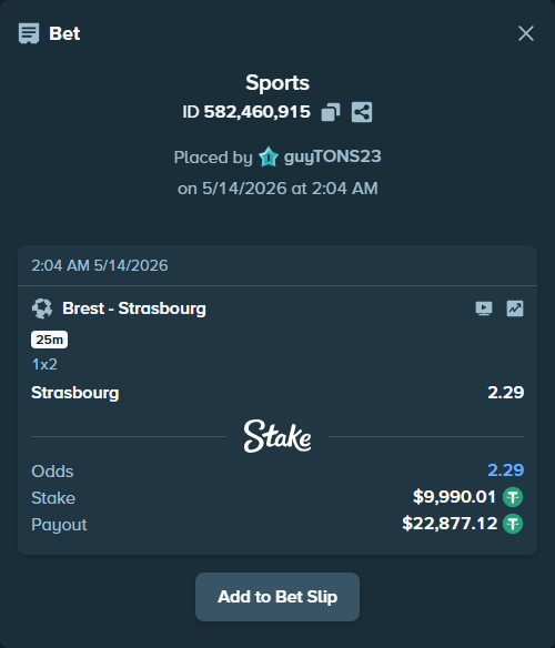 Bet slip: Brest - Strasbourg, $10,000.00 stake at 2.29 odds, placed by guyTONS23