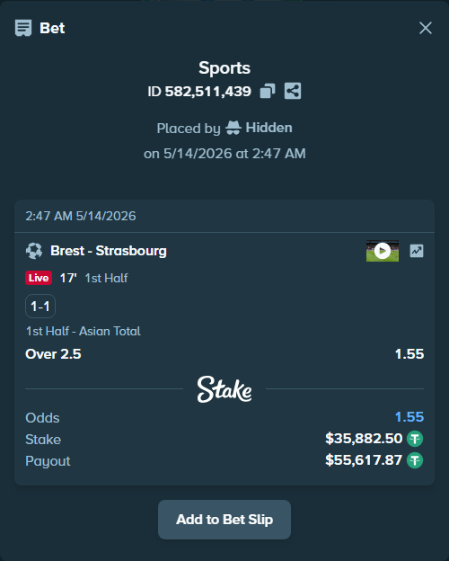 Bet slip: Brest - Strasbourg, $35,918.38 stake at 1.55 odds, placed by Hidden