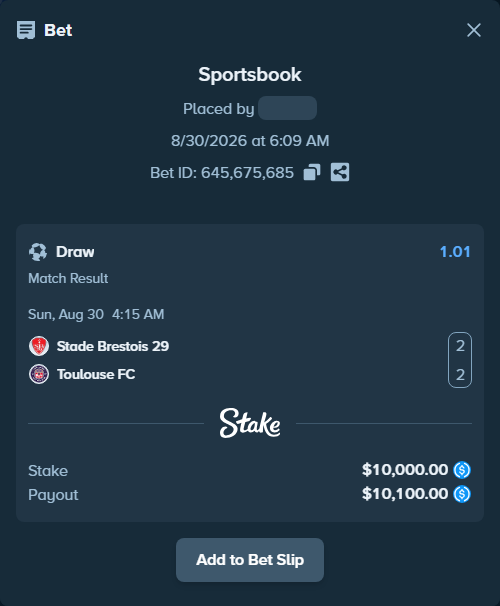 Bet slip: Brest - Toulouse, $10,000.00 stake at 1.01 odds, placed by eilertrygh