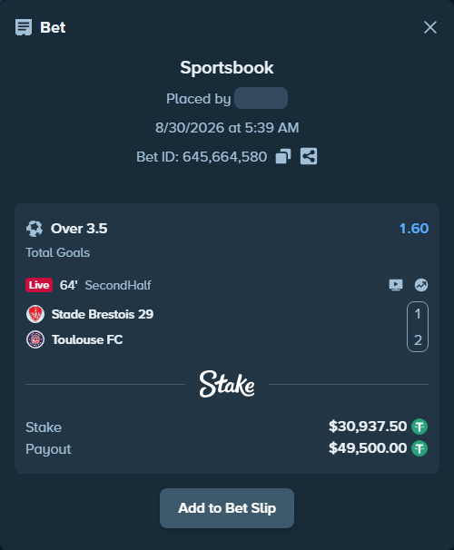 Bet slip: Brest - Toulouse, $30,937.50 stake at 1.60 odds, placed by partizanti22