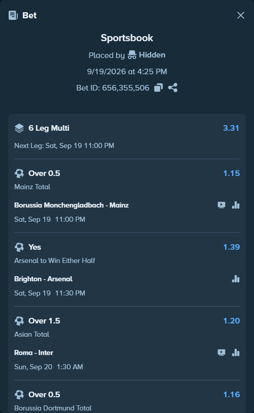 Bet slip: Brighton - Arsenal, $10,000.00 stake at 1.39 odds, placed by Hidden