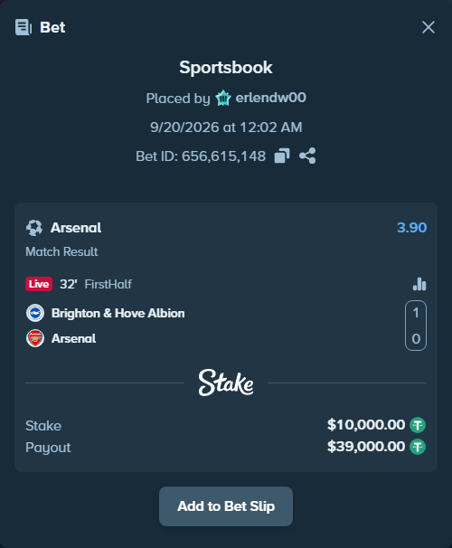 Bet slip: Brighton - Arsenal, $10,000.00 stake at 3.90 odds, placed by erlendw00