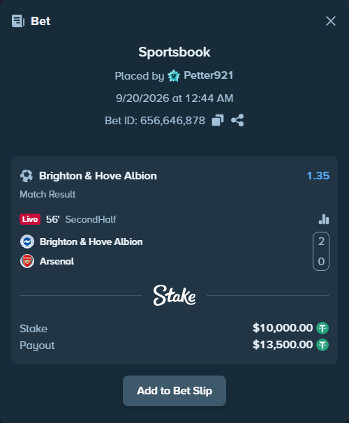 Bet slip: Brighton - Arsenal, $10,000.00 stake at 1.35 odds, placed by Petter921