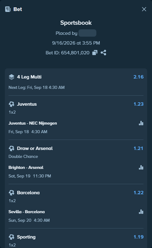 Bet slip: Brighton - Arsenal, $15,000.00 stake at 1.21 odds, placed by Haliasovskyi