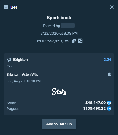 Bet slip: Brighton - Aston Villa, $48,447.00 stake at 2.26 odds, placed by bappuji668