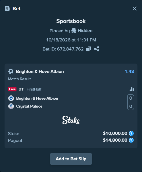 Bet slip: Brighton - Crystal Palace, $10,000.00 stake at 1.48 odds, placed by mathiasjuel