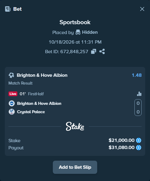 Bet slip: Brighton - Crystal Palace, $21,000.00 stake at 1.48 odds, placed by KilkaRaz